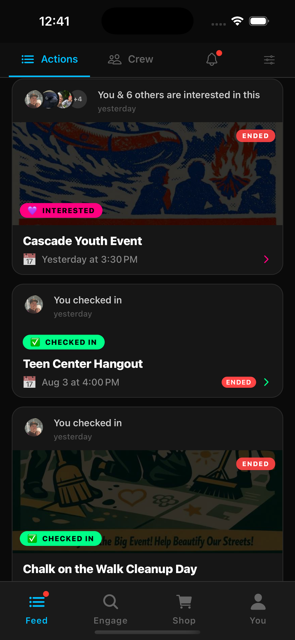 NGEN feed showing events, check-ins, and activity cards