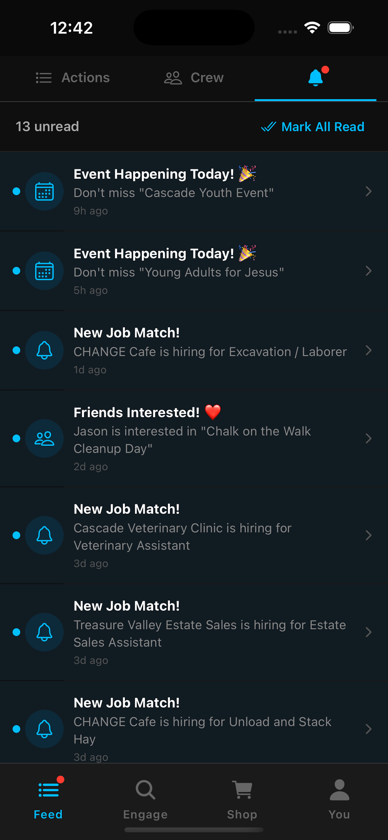 NGEN notifications list with event, job, and friend updates