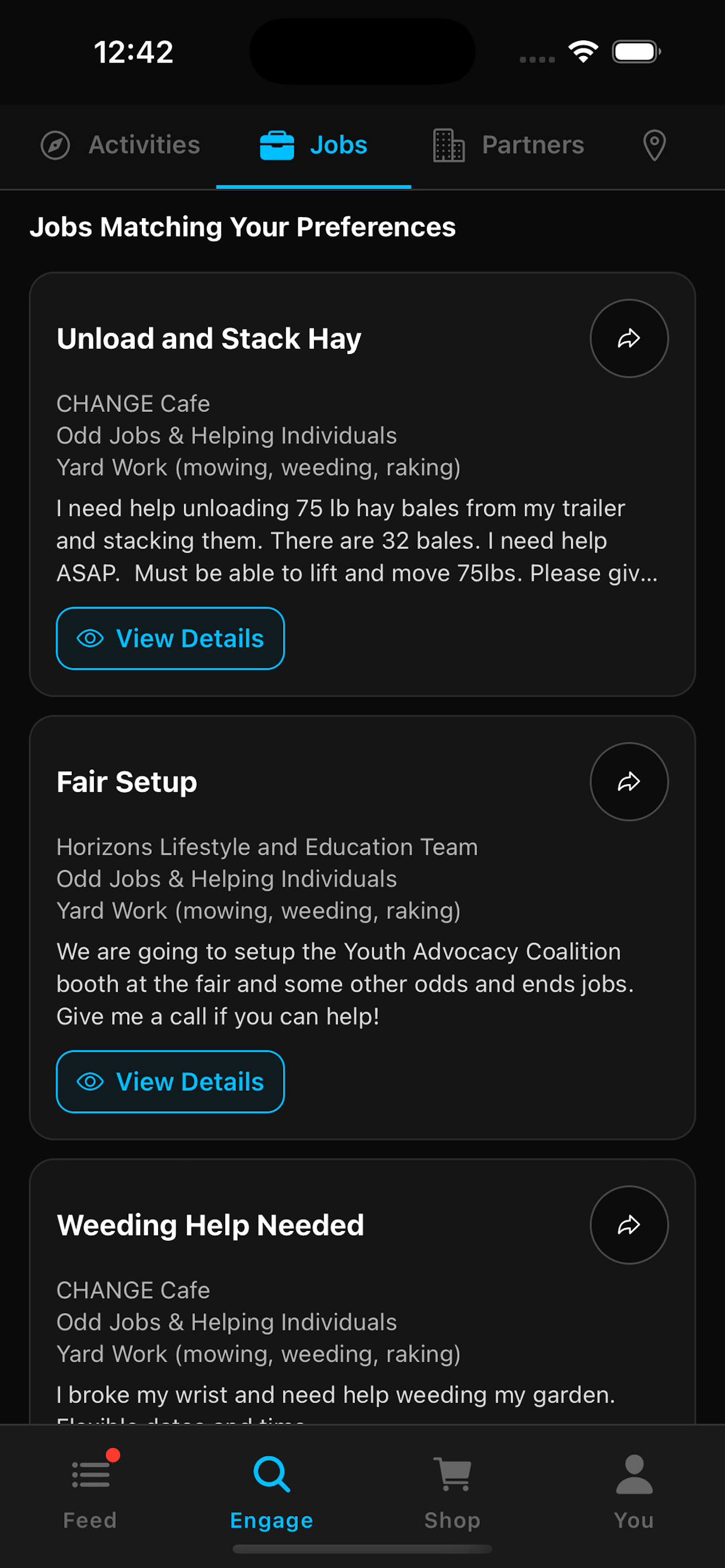 NGEN jobs screen with matched job listings and details