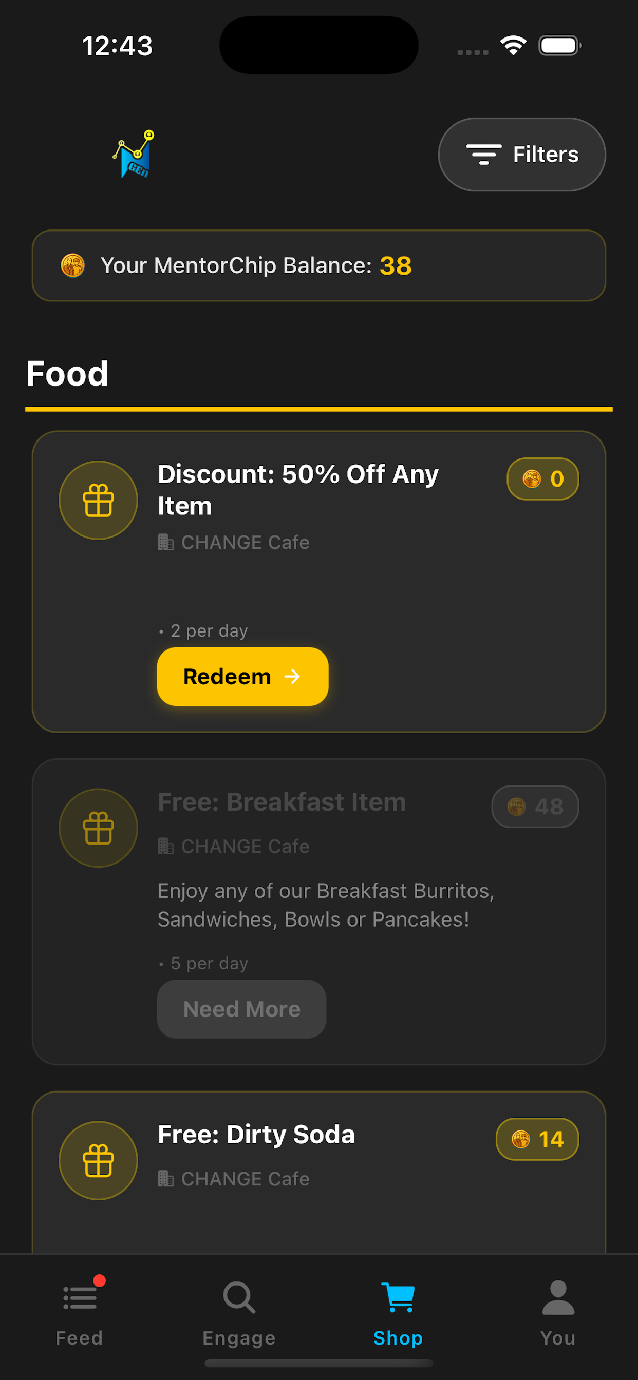 NGEN shop screen showing MentorChip rewards and redemptions